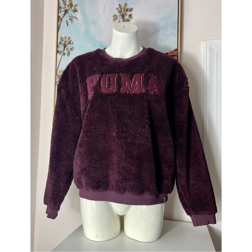 Puma Purple Sherpa Faux Fur Logo Crewneck Pullover Sweatshirt Size Large